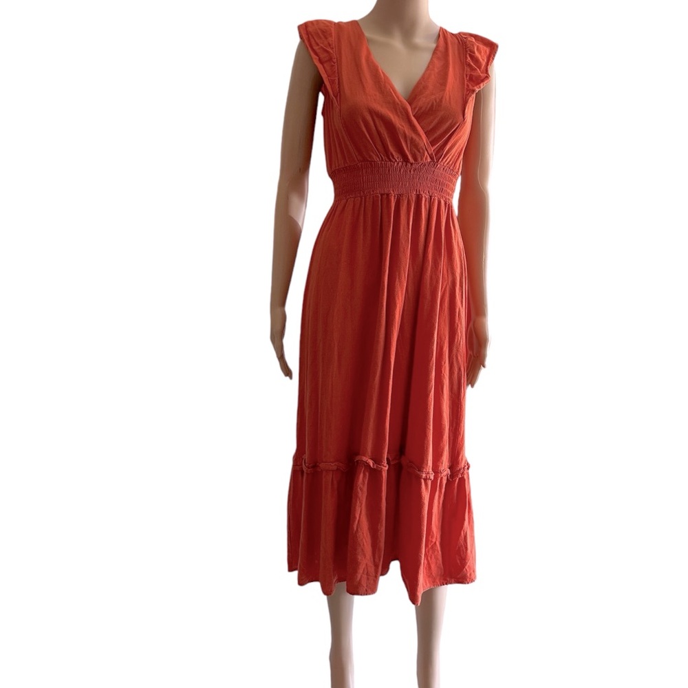 Linen Rayon Blend Monteau Orange Cap Ruffle Sleeve Midi Maxi Dress Womens Small